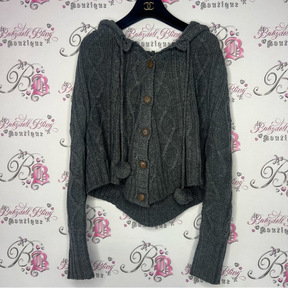 Only Pom Pom sweater knitted grey with fluff balls tie ups button up adorable